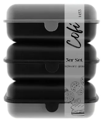 Zdjęcie produktu dla Zestaw 3 pojemników na kanapki Cofi – pudełko na lunch / śniadanie – bez BPA, można myć w zmywarce, można ustawiać jeden na drugim, 1600 ml, czarno-szare