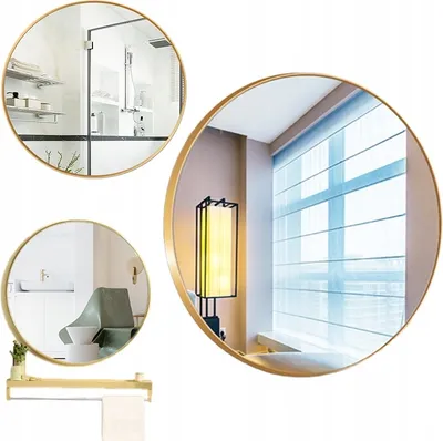 A collage of round mirrors reflecting different interior scenes, including a bathroom, a living room with a lamp, and a bathroom with a shelf and towel.