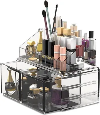 Imagen del producto de Unyqoos® Organizador de maquillaje Readaeer – transparente, con 2 cajones y 2 niveles, ideal para dormitorios y baños
