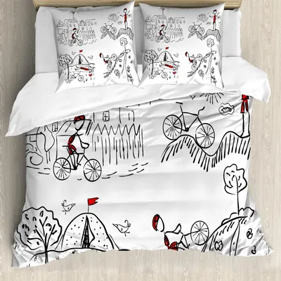 Produktbild von ABAKUHAUS Skizzenhaft Bettbezug Set, Hand gezeichneter Gekritzel-Art-Radfahrer, der zum Gebirgsgrafik-Bild-Druck klettert, 200 x 200 cm + 80 x 80 cm, Schwarz Weiß und Rot