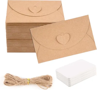 Zdjęcie produktu dla Mini Zestaw Kopert 50 Sztuk, Papier Kraft, 10 x 6 cm, z 50 Pustymi Kartami, do Kart Podarunkowych