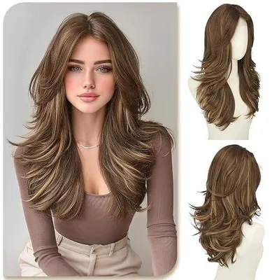 Zdjęcie produktu dla Peruka długa syntetyczna kasztanowo blond z grzywką dla kobiet