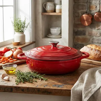 Produktbild von Gusseisen Topf mit Deckel 28cm Rund, Emaillierter Schmortopf 3,24L Rot, Bräter für alle Herdarten wie Induktion, Backofenfestes Kochgeschirr Profi