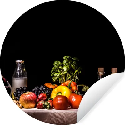 Produktbild von MuchoWow® Runde Wandtattoo - Wandsticker Tapete Aufkleber Stilleben - Essen - Trinken - Obst - Schwarz Ø 100 cm Selbstklebend und Repositionierbar - Wandaufkleber - Kreis - Tapetenkreis - Wandbild rund - Schlafzimmerdekoration - Wanddeko - runde Tapete - Kunst für zu Hause