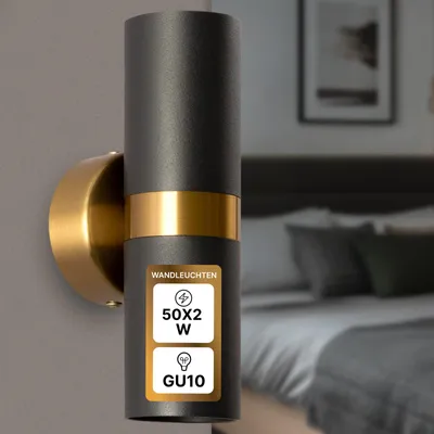 Productafbeelding van Wandlamp binnen, zwart/goud, 2-licht, op- en neerwaarts gericht, ARTE LAMP Ran, GU10 tot 50W per fitting, geschikt voor woonkamer en hal, 9 x 6 x 18 cm, A3143AP-2BK