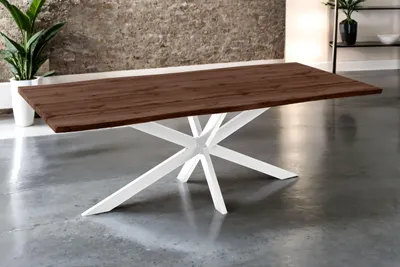 Produktbild von Esstisch Josy | 220 x 100 cm | Holz Nussbaum-Optik | Spider-Gestell Metall weiß | 40 mm Tischplatte mit Baumkante | Tisch für Esszimmer & Küche