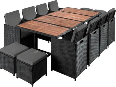 Image de Best Mobilier Cuba - Salon de jardin encastrable 12 places - en résine tressée - Noir avec coussins gris + housse de protection , Noir / Gris