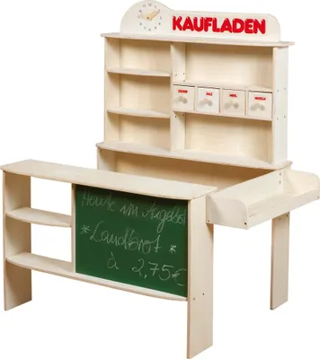 Produktbild von roba Kaufladen, Holz natur, Verkaufsstand mit 4 Schubladen, Uhr, Tafel, Theke & Seitentheke