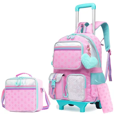 Productafbeelding van Kindertrolley rugzakset roze, met lunchtas en pennenetui, afmetingen 43x30x18 cm