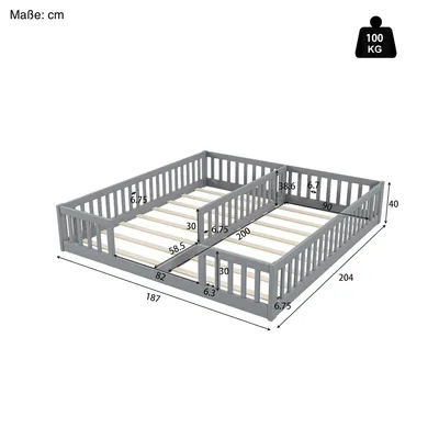 A diagram of a grey wooden children's bed with dimensions indicated.