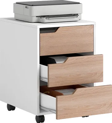 Image de HOMCOM Caisson bureau mobile avec 3 tiroirs, meuble rangement bureau sur roulettes pour documents et imprimante, caisson de rangement compact pour travail ou chambre, 40x50x57,5cm, blanc et chêne