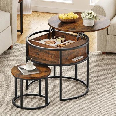 Produktbild von Balconera Couchtisch 2er Set-Rund Höhenverstellbar,Couchtisch Holz mit Verstecktem Stauraum, Offenem Fach für Wohnzimmer, 60x60x50cm,38x38x30cm