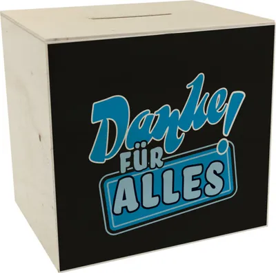 Produktbild von Spardose aus Holz in Blau zum Thema Dankbarkeit - Danke für Alles!