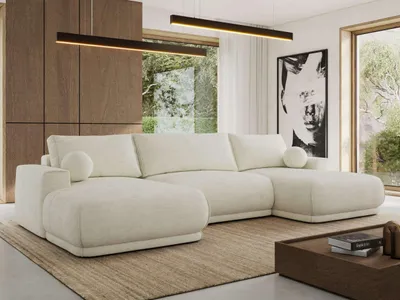 Produktbild von MKS MEBLE Ecksofa XXL Wohnlandschaft RINA U-Form Ecksofa mit Schlaffunktion & Wellenfederung, DL-Schlaffunktion - Creme Schenille glatt