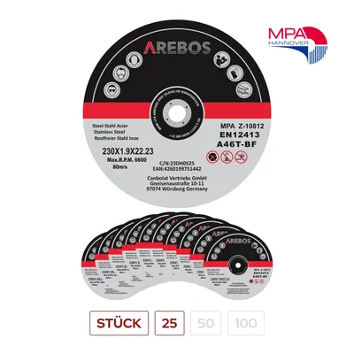 Produktbild von Rezacie kotúče AREBOS Ø 230 mm, 25 kusov | vhodné na oceľ, nehrdzavejúcu oceľ, Inox, železo, plech, kov | dopredu a dozadu | EN 12413