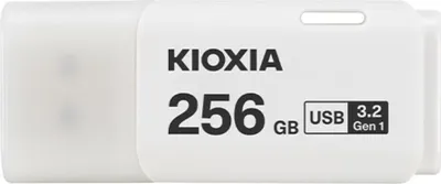 A white Kioxia USB flash drive with 256 GB capacity and USB 3.2 Gen 1 interface.