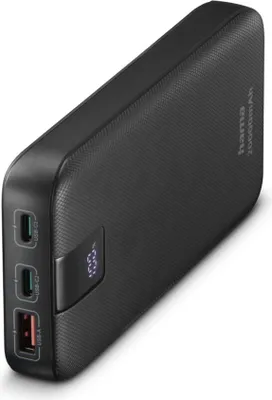 A black power bank with multiple ports and a digital display.