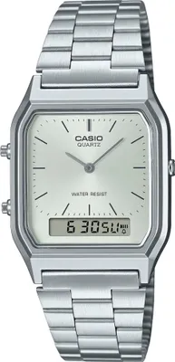 A close-up studio shot of a silver Casio watch.
