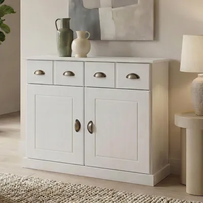 Produktbild von Kommode PARIS aus massiver Kiefer in weiß, schönes Sideboard mit 2 Türen, praktische Apothekerkommode mit 2 Schubladen, zeitlose Schubladenkommode mit Muschelgriffe