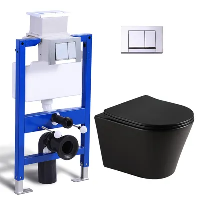 Produktbild von Komplett Vorwandelement Toilette Set - 82cm Unterputzspülkasten + Hänge Spülrandlos WC Toilette Schwarz + Rechteckig Chrome Drückplatte HOROW