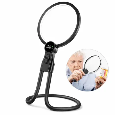 Produktbild von Lupenlampe mit LED, 5-fach Vergrößerung Lupe mit Licht, 130mm Linse, wiederaufladbar USB, Nackenlupe & Standlupe für Lesen Basteln Nähen