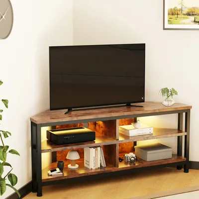 A corner TV stand with a television and various decorative items, illuminated by LED lights.