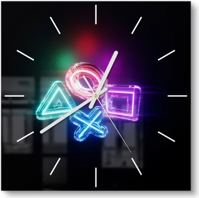 Produktbild von DEQORI Glasuhr 30x30 cm Modern 'Neon Gaming Symbole' Wanduhr Glas Uhr Design leise Küchenuhr