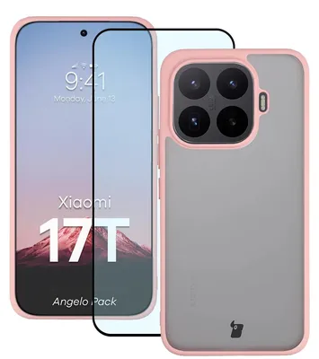 Produktbild von Schutzhülle + gehärtetem Glas für Xiaomi 17T, Bizon Angelo Pack, Semitransparent mit hellrosem Rahmen