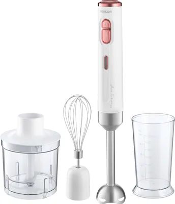 Obrázok produktu pre SENCOR SHB 9000WH BEZKÁBLOVÝ TYČOVÝ MIXÉR, 2 rýchlosti mixovania, titánový povrch nožov, šľahacia metla, 500 ml sekáčik, 700 ml odmerka, nabíjací adaptér s káblom USB-C