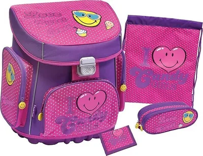 Produktbild von SCOOLSTAR Schulranzen Smiley für Kinder  1 Klasse Tornister Schulrucksack Schultasche | Set 4 teilig | inkl. Sportbeutel Schlamperrolle, Brieftasche