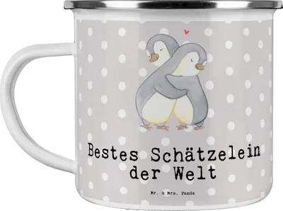 Produktbild von Mr. & Mrs. Panda Emaille Tasse Pinguin Bestes Schätzelein der Welt - Grau Pastell - Geschenk, Mann, Haferl, Freundin, Geschenkidee, Schatz, Frau, Motivtasse, Ehefrau