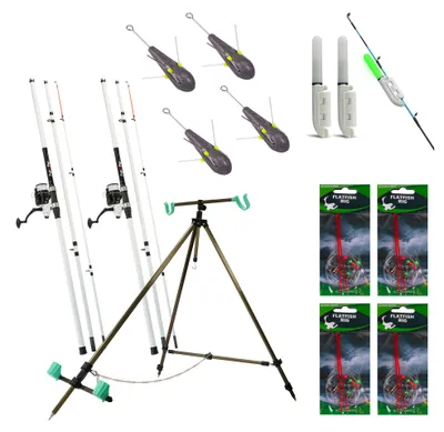 Immagine prodotto di FISH-XPRO Beach Set Deluxe - Kit Completo da Pesca da Spiaggia con 2 Canne da Surfcasting, 2 Mulinelli, Filo da Pesca, Terminali Flatfish, Piombi Spike, Supporto Reggicanne e Fodero per Pesca in Mare e Surfcasting