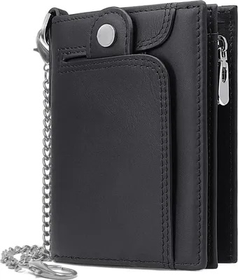 Image de Porte-monnaie homme RFID cuir véritable avec chaîne noir zip poche monnaie