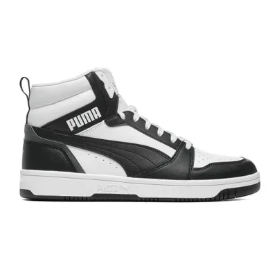A studio shot of a high-top sneaker.