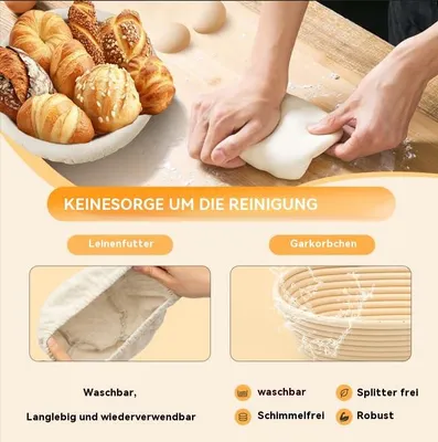 Produktbild von 10-teiliges Gärkörbchen-Set für Brot & Sauerteig-Starter-Kit – Inkl. 2 Gärkörbe (23 cm rund & 25 cm oval), 730 ml Gärglas, Komplettes Brotbackzubehör