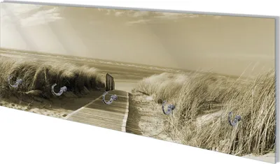 Produktbild von Wallario Flurgarderobe Wandgarderobe aus Glas, mit 5 Haken, Größe 80 x 30 cm, Motiv Auf dem Holzweg zum Strand in Sepiafarben