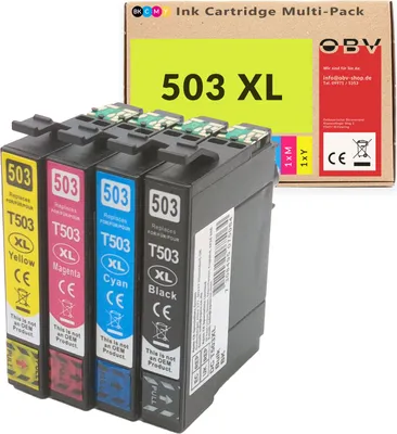 A multi-pack of ink cartridges with their packaging in the background.