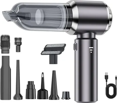 A cordless handheld vacuum cleaner with multiple attachments, displayed on a white background.