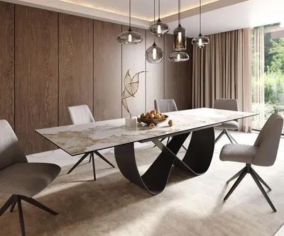 Produktbild von DELIFE Esstisch Edge 200-300x100 cm Keramik Minas Melange Weiß-Beige Infinity Metall Schwarz ausziehbar