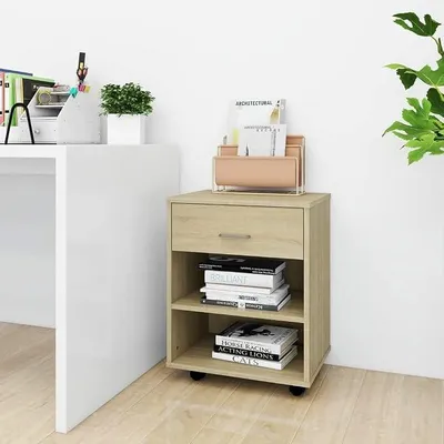 Imagen del producto de Carro con cajones Sonoma Roble, 46x36x59 cm. Contenedor móvil con cajones y estantes, fabricado en material de madera. Archivador con ruedas, ideal para oficinas y como mesa auxiliar para salones