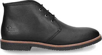 A side view of a black leather chukka boot.
