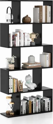 A black, multi-level bookshelf filled with books and decorative items, presented against a white background.