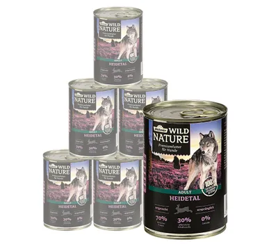 Produktbild von Dehner Wild Nature Hundefutter Heidetal, Nassfutter getreidefrei / zuckerfrei, für ausgewachsene Hunde, Kaninchen, 6 x 400 g Dose (2.4 kg)