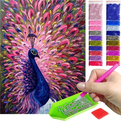 Produktbild von ARTULIO - Diamond Painting Set - Pfau mit buntem Federfächer - 40 x 30 cm - 5D Diamant Painting, Home Wand Deko, Crystal Art, Komplettset Mosaik + Zubehör