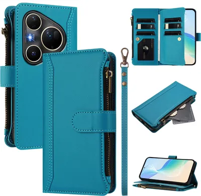Produktbild von Handyhülle für Huawei Pura 80 Ultra Reißverschluss Geldbörse Kunstleder Klapphülle mit Kartensteckplatz, Ständer, Handschlaufe Blau