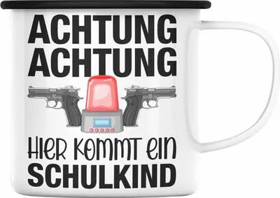 Produktbild von Trendation - Einschulung Junge Achtung Schulkind Geschenk für Schultüte Füllung Emaille Tasse Schulstart 1. Schultag Schuleinführung Schulanfang Geschenkidee 2022 (Schwarz)