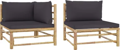 Produktbild von 2-tlg. Garten-Lounge-Set mit Kissen Dunkelgrau Bambus