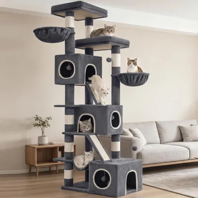 Immagine prodotto di Albero per gatti Kratzbaum XXL, altezza 209 cm, colore grigio scuro, con 7 pali per graffiare, 3 rifugi, 2 piattaforme e un'amaca