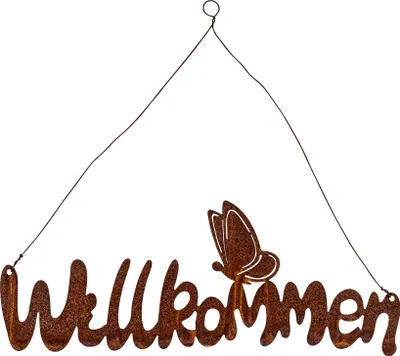 Produktbild von Schild Willkommen 38x14cm Gartendeko Türschild Edelrost Schriftzug Schmetterling
