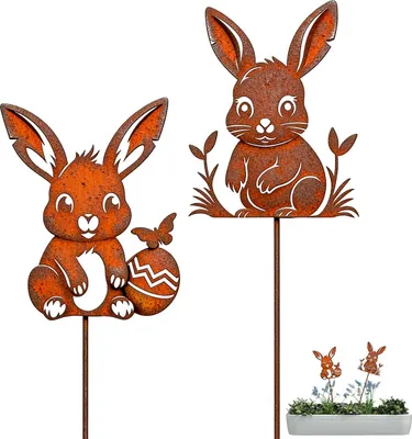 Produktbild von Osterhasen Gartenstecker 2er Set, Metall rostig, wetterfest, einfach zu installieren, Dekoration für Blumenbeet & Blumentopf, Frühling Ostern